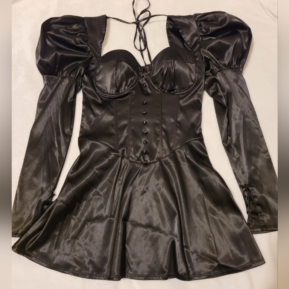 Dolls Kill Unholy Black Satin Long Sleeve Corset Dress